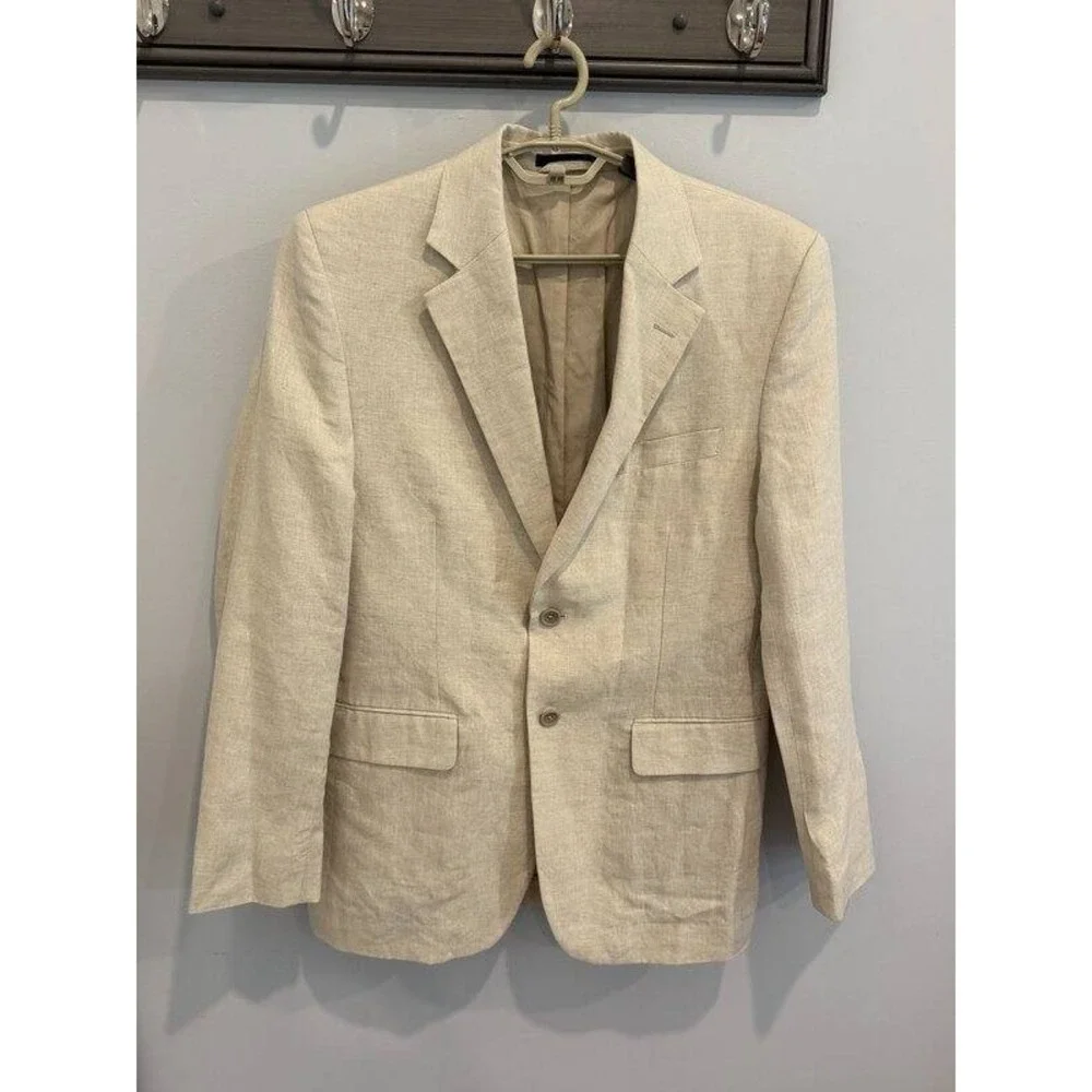 Tasso Elba 100% Linen Mens Beige Blazer Jacket Partially Lined Size S 36 38